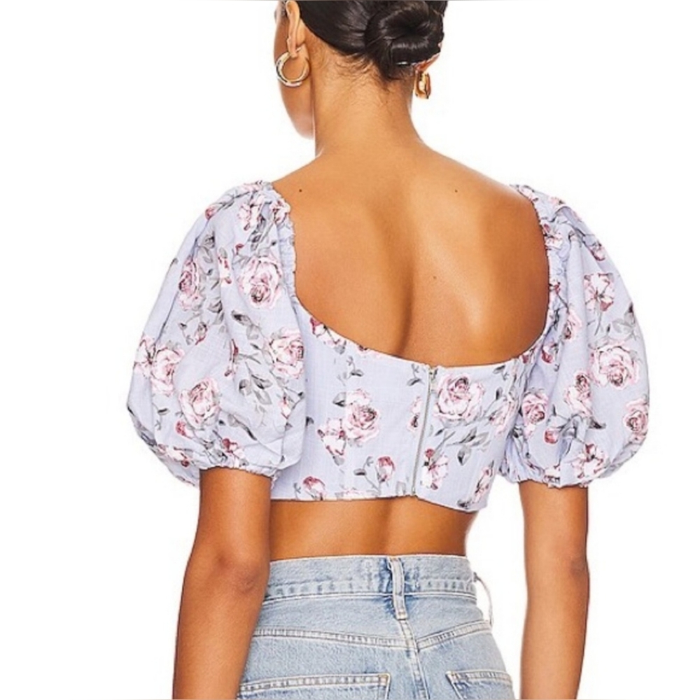 Bardot Kiah Linen Floral Corset Top With Puff Sleeves -Size 4 - Blue Rose Floral - Picture 3 of 8